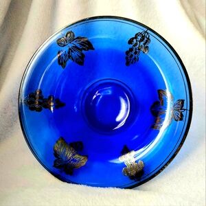 Vintage Tiffin Cobalt Blue‎ Glass Leaf Rimmed Bowl Gold Overlay